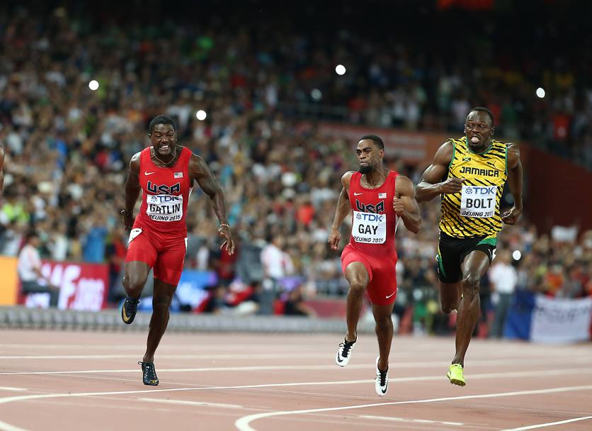 Pechino, 23 agosto 2015, campionati del mondo di atletica Usain Bolt e Justin Gatlin nella finale dei 100 